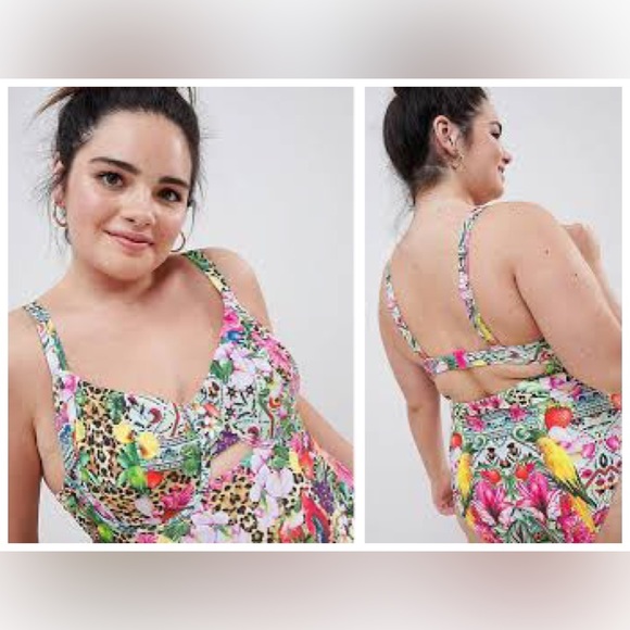 ASOS DESIGN Curve Underwired Swimsuit In Festival Tropical Print - Picture 2 of 13